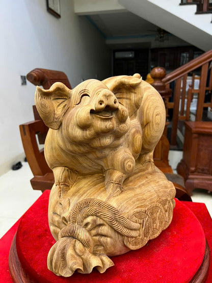 Tượng Linh Vật Heo Gỗ Ngọc Am - Mẫu To Ngang 37cm