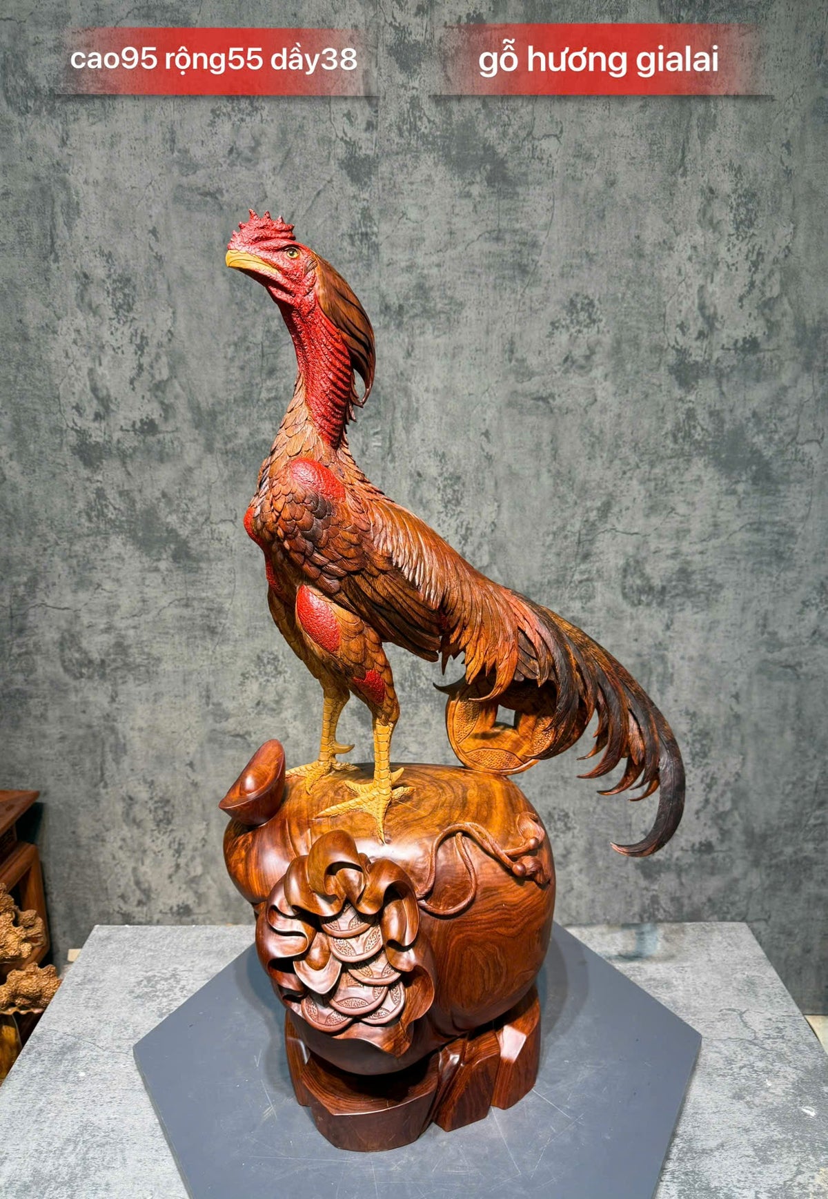 Tượng Linh Vật Gà Chọi Kê Chiến Gỗ Hương Gia Lai - Chiến Kê Đại Cát