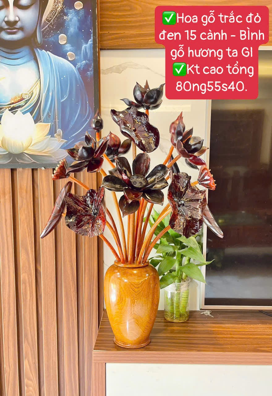 Bình Hoa Sen 15 Cành - Gỗ Trắc Tự Nhiên