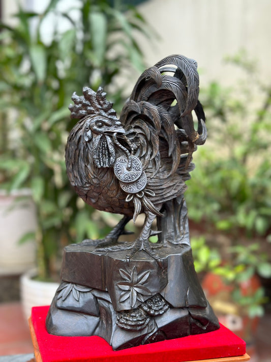 Tượng Gỗ Gà Trống Phong Thủy Gỗ Mun Sừng Liền Khối Cao 32