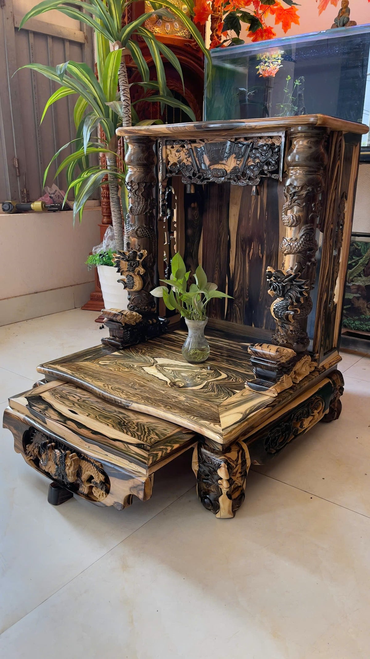 Bàn Thờ Thần Tài Thổ Địa Gỗ Mun Hoa Vân Cao Cấp