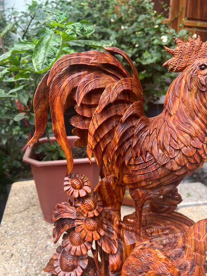 Tượng Gà Phong Thuỷ Gỗ Sưa Bắc Liền Khối Cao 55cm