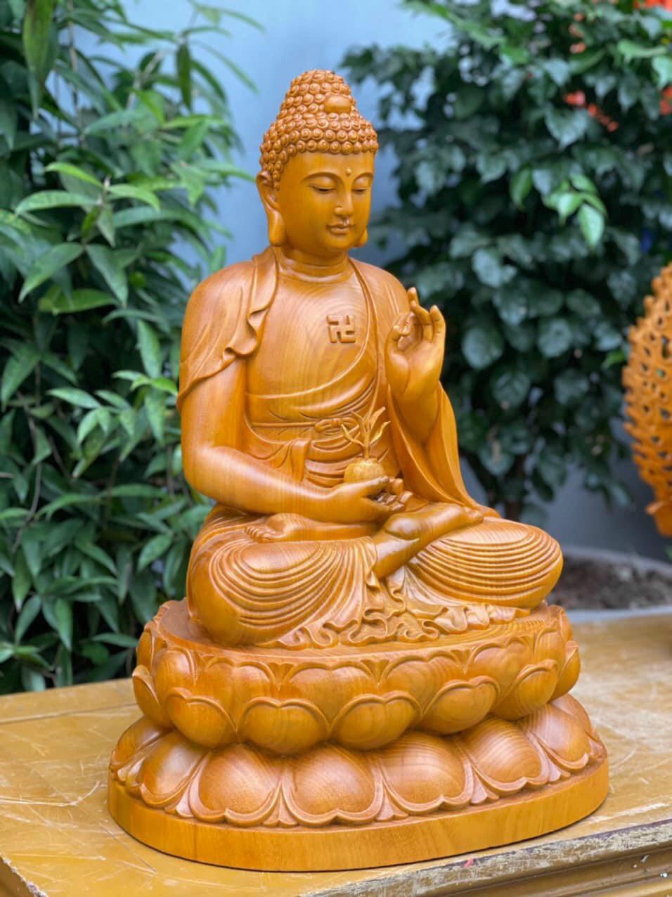 Tượng Phật Dược Sư  Ngồi Đài Sen Gỗ Gõ Vàng - Cao 61cm