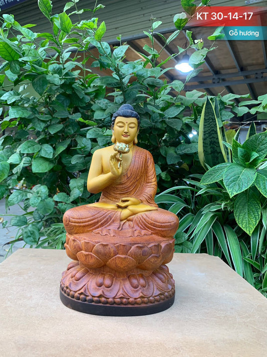 Tượng Phật Thích Ca Bổn Sư - Niêm Hoa Vi Tiếu Gỗ Hương Đá Cao 30cm