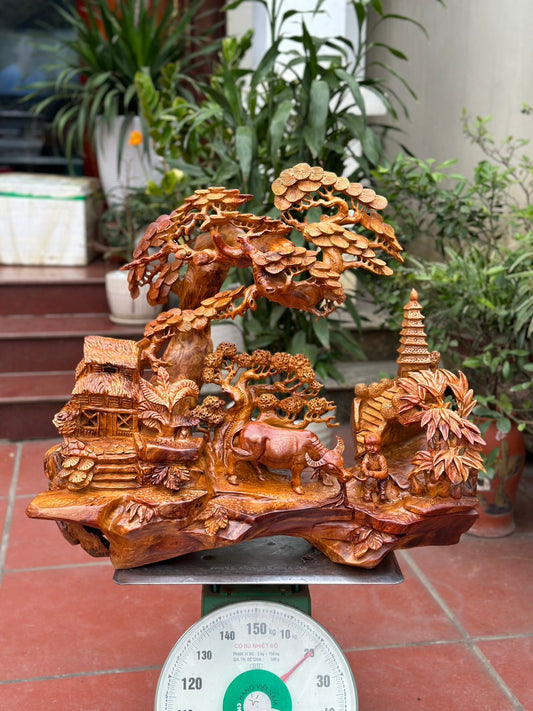 Tác Phẩm Mỹ Nghệ Tiểu Cảnh Làng Quê Đẹp Gỗ Hương Cao 62cm