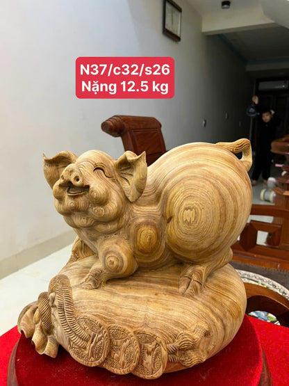 Tượng Linh Vật Heo Gỗ Ngọc Am - Mẫu To Ngang 37cm