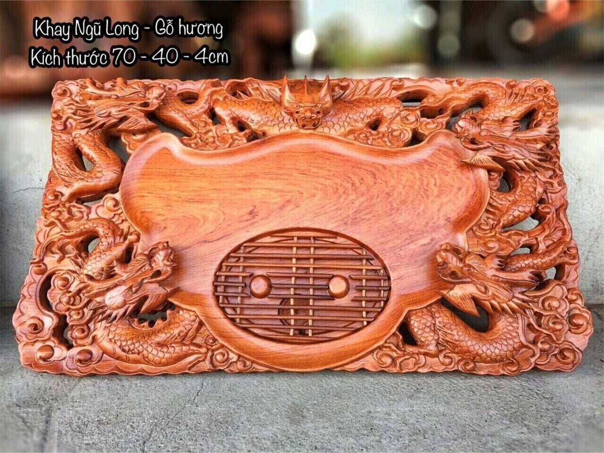 Khay Trà Chạm Ngũ Rồng - Gỗ Hương