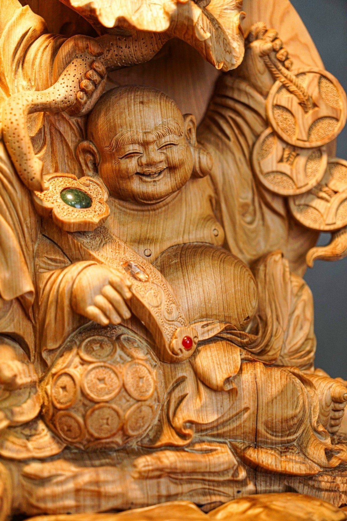 Tượng Gỗ Di Lặc Song Phúc Hoàng Đàn Tuyết Lạng Sơn Cao 31cm