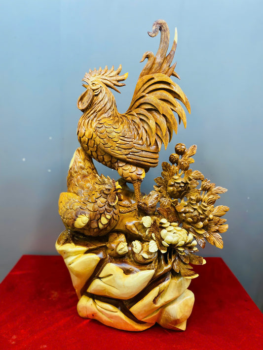 Tượng Gia Đình Gà Gỗ Hương Ta - Cao 85cm