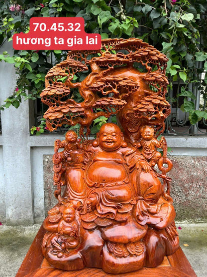 Tượng Di Lặc Ngồi Gốc Tùng - Gỗ Hương Gia Lai Cao 70