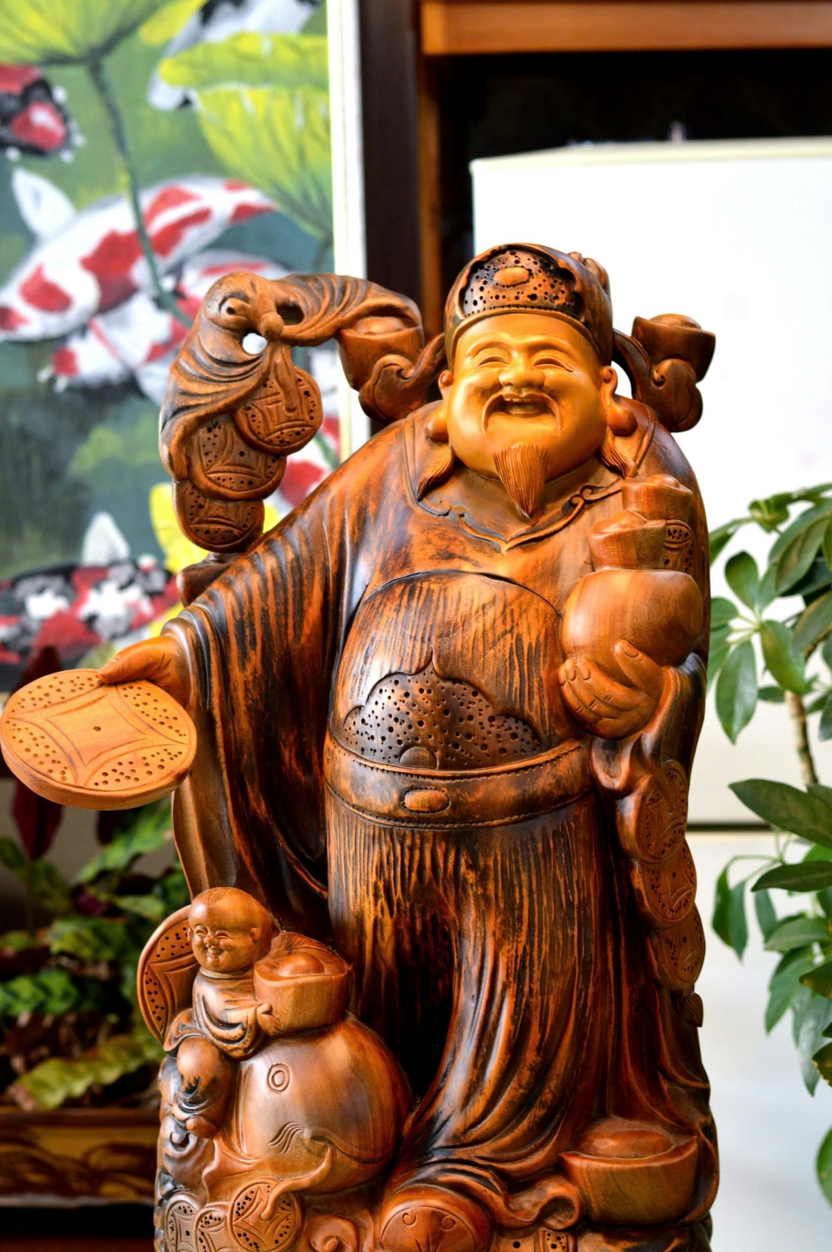TượngThần Tài Gỗ Xá Xị Gù Hương Cao 75cm