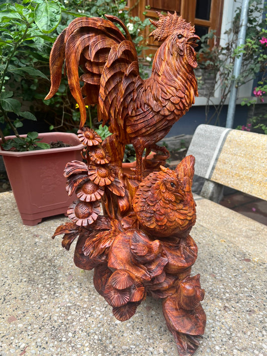 Tượng Gà Phong Thuỷ Gỗ Sưa Bắc Liền Khối Cao 55cm