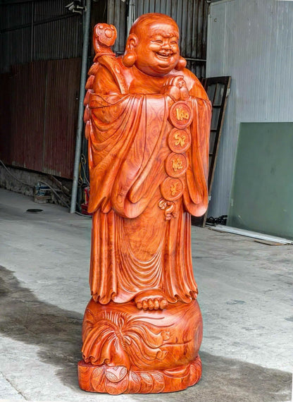 Di Lặc Chúc Phúc Gỗ Hương Đỏ Hàng Đục Thủ Công Siêu Vân Cao 2m