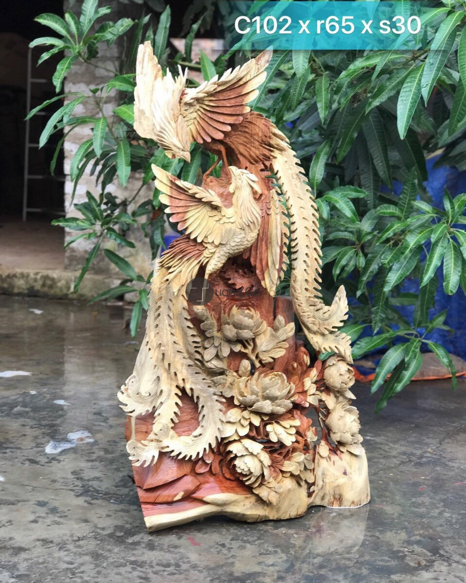 Tượng Song Phượng Uyên Ương Gỗ Hương