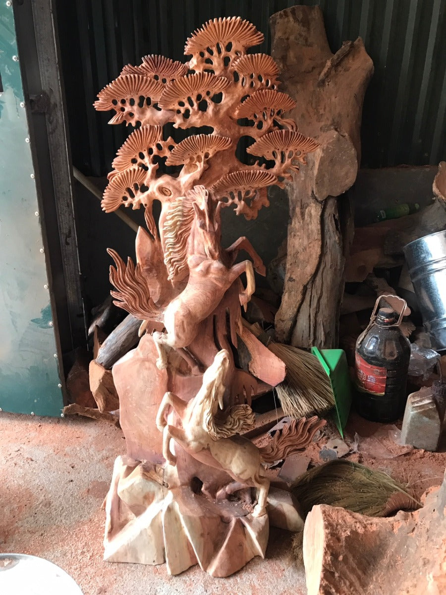 Tượng Song Mã Uyên Ương Gỗ Hương Ta