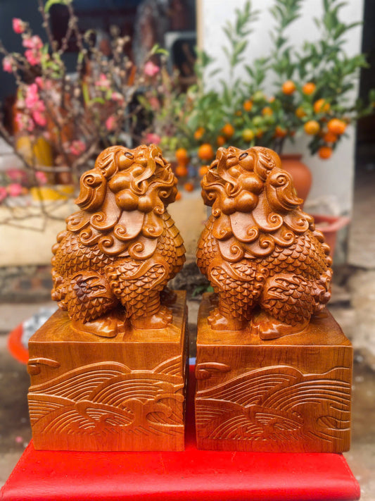 Cặp Nghê Béo Gỗ Bách Xanh - Tượng Linh Vật Phong Thủy Cao 23cm
