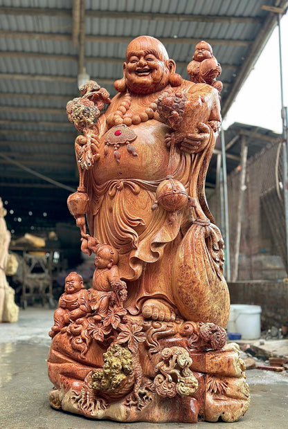 Tượng Gỗ Di Lặc Tam Phúc - Siêu Phẩm Nu Hương Đá  Cao 1m8
