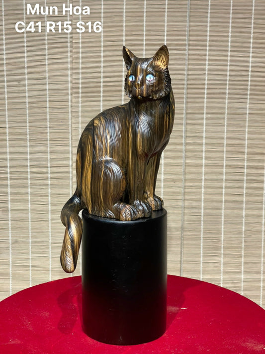 Tượng Linh Vật Con  Mèo Trang Trí Gỗ Mun Hoa Cao 41cm