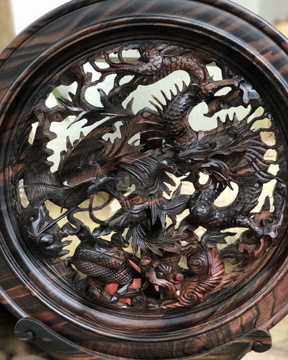 Đĩa Gỗ Tứ Linh - Long Lân Quy Phụng - Gỗ Mun