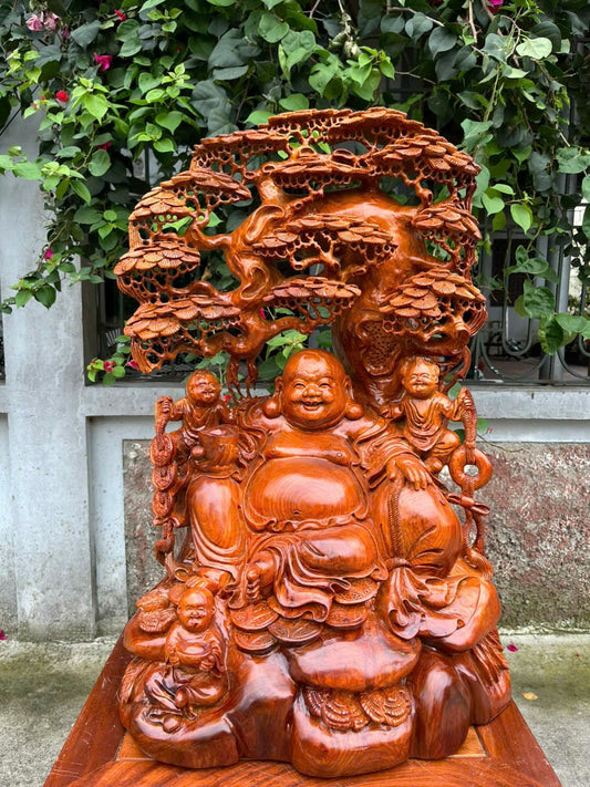 Tượng Di Lặc Ngồi Gốc Tùng - Gỗ Hương Gia Lai Cao 70