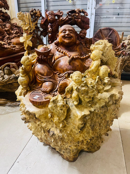 Di Lặc Ngồi Gỗ Nu Hương Ngũ Phúc Cao 76cm