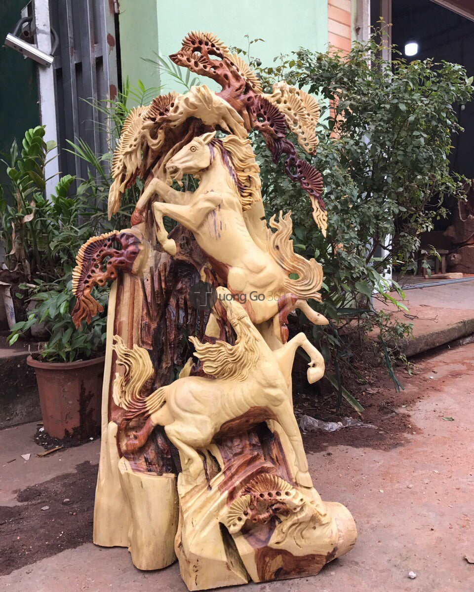 Tượng Song Mã Uyên Ương Gỗ Hương Ta