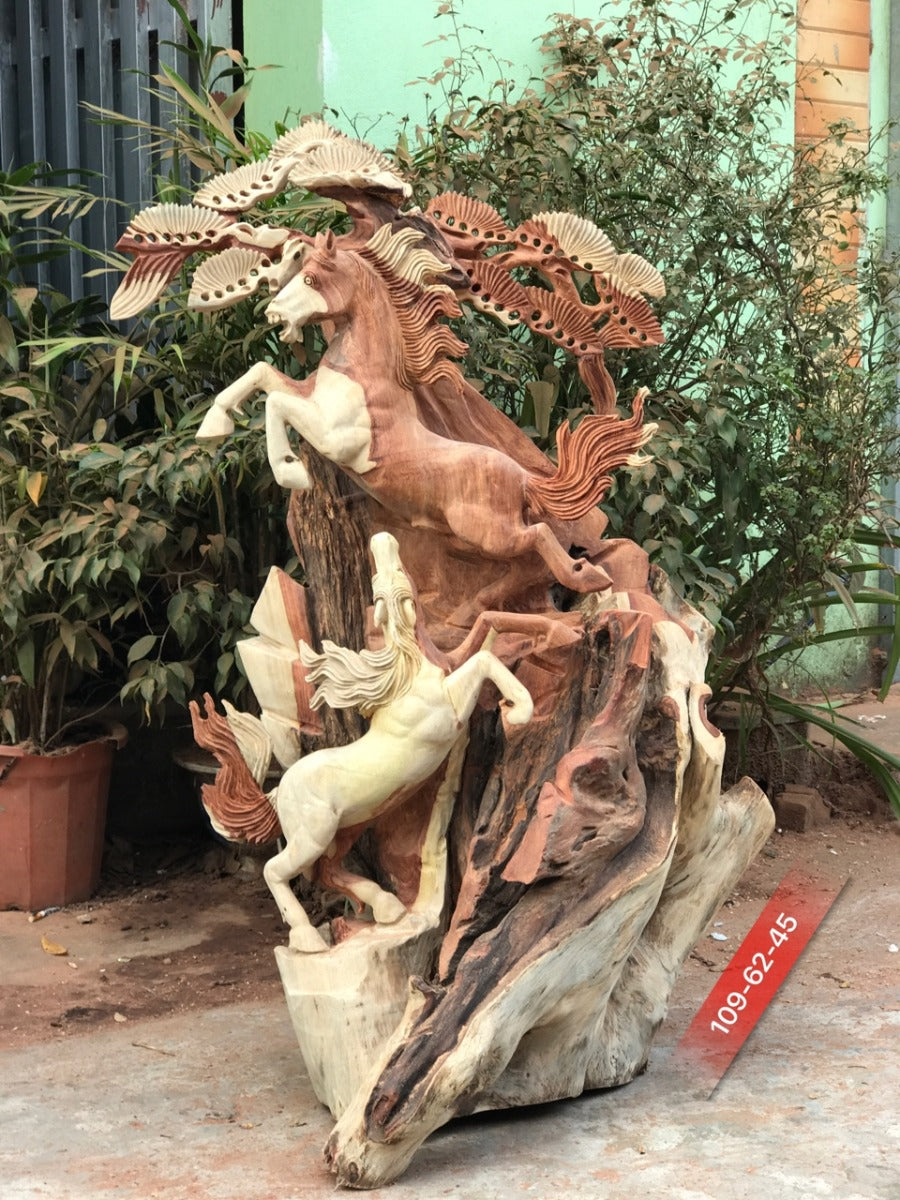 Tượng Song Mã Uyên Ương Gỗ Hương Ta