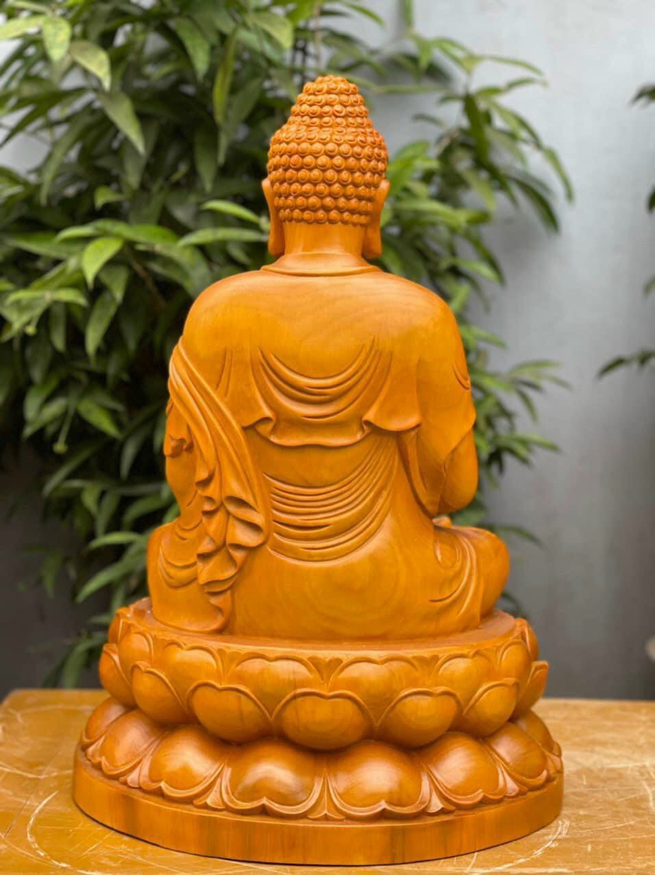 Tượng Phật Dược Sư  Ngồi Đài Sen Gỗ Gõ Vàng - Cao 61cm