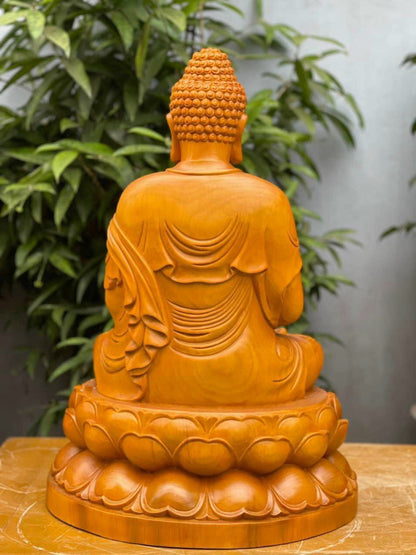 Tượng Phật Dược Sư  Ngồi Đài Sen Gỗ Gõ Vàng - Cao 61cm