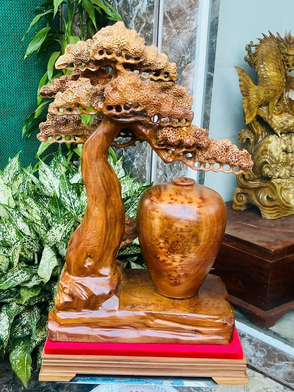 Bình Tài Lộc Và Cây Tùng Nu Gỗ Ngọc Am Nu Kín Thơm