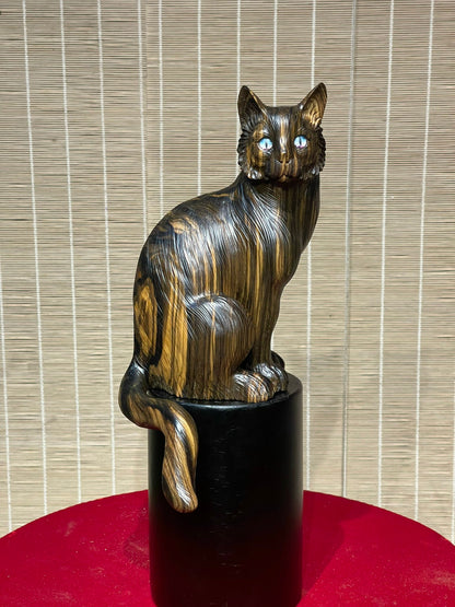 Tượng Linh Vật Con  Mèo Trang Trí Gỗ Mun Hoa Cao 41cm
