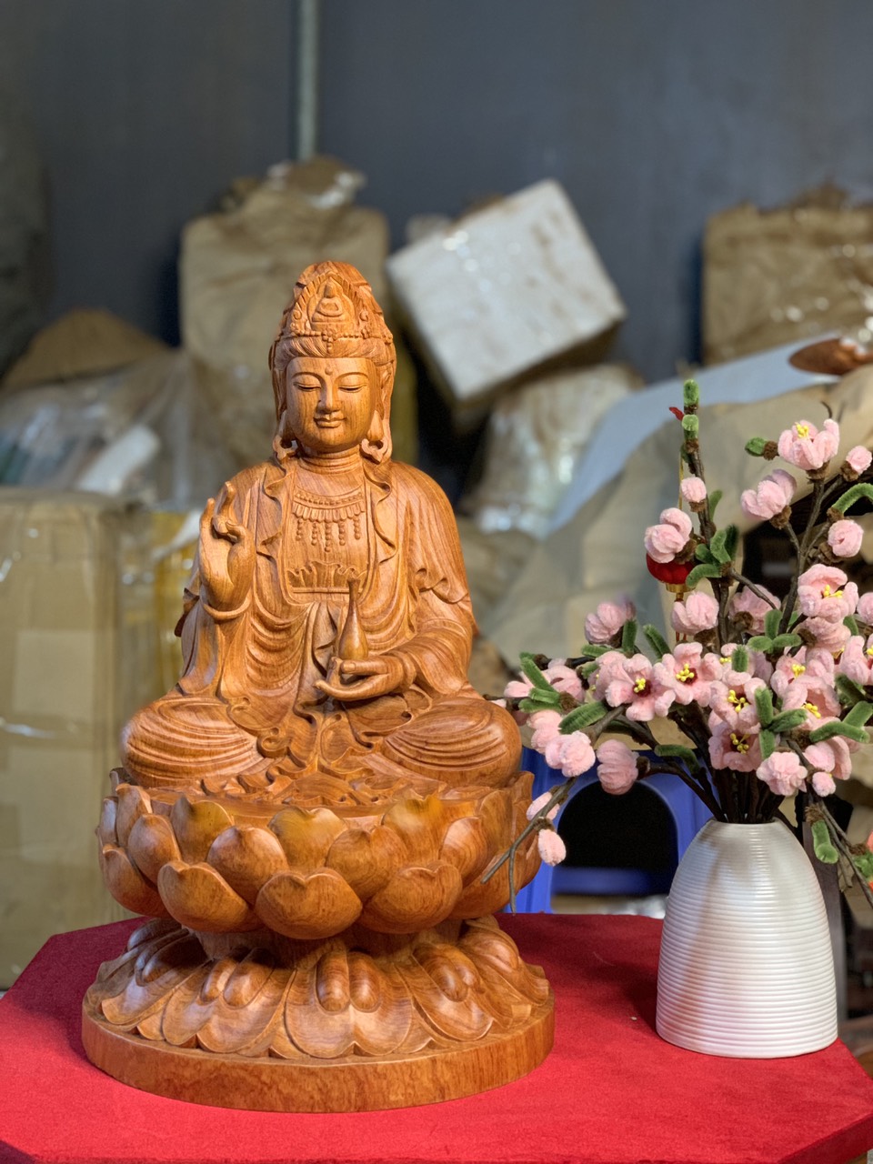 Tượng Gỗ Quan Âm Ngồi Đài Sen Cao 50cm