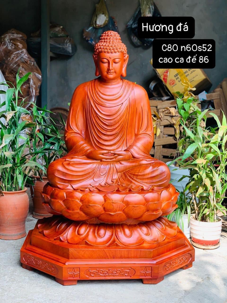 Tượng Phật Thích Ca Ngồi Thiền Đài Sen Cao 80cm Gỗ Hương Đá