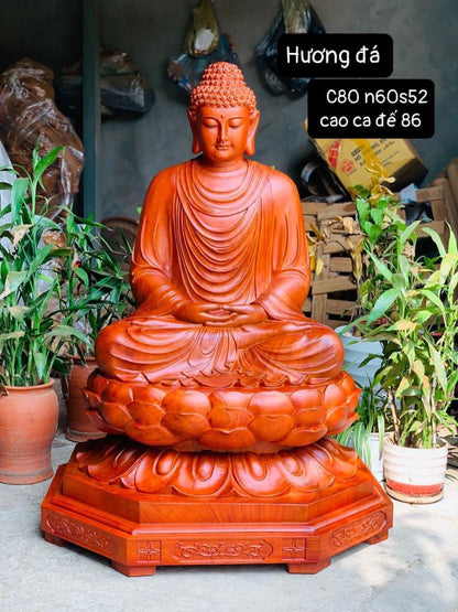 Tượng Phật Thích Ca Ngồi Thiền Đài Sen Cao 80cm Gỗ Hương Đá