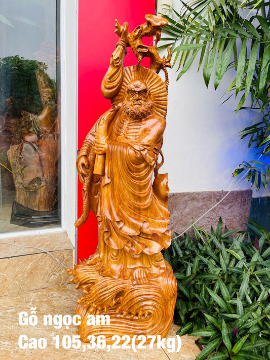 Tượng Đạt Ma Quá Hải Liền Khối Gỗ Ngọc Âm Cao 105cm