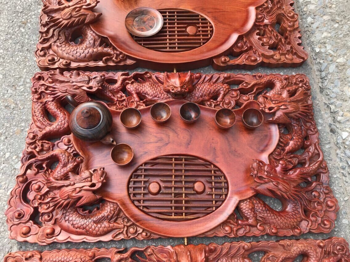 Khay Trà Chạm Ngũ Rồng - Gỗ Hương