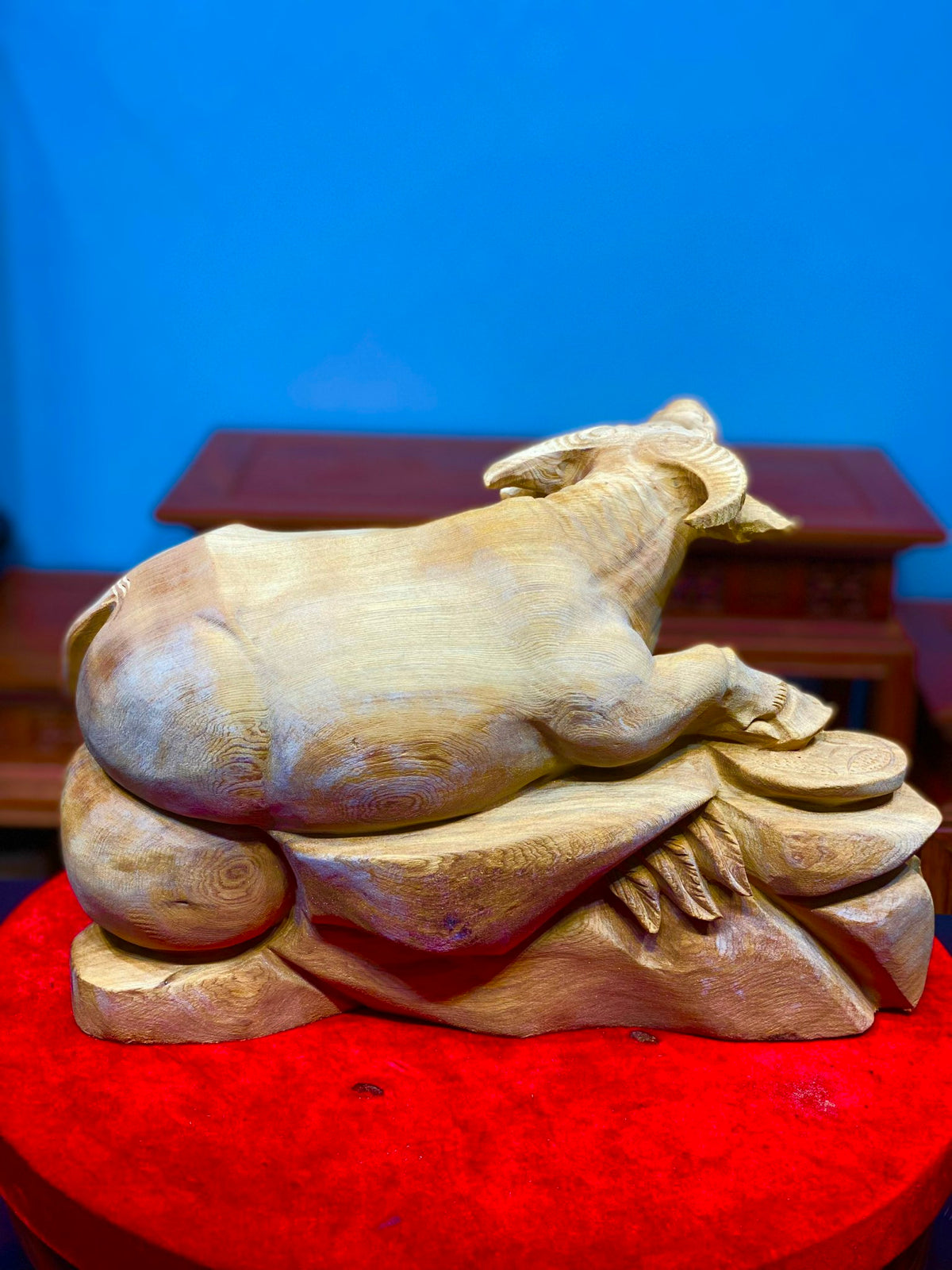 Tượng Linh Vật Con Trâu Gỗ Ngọc Am Để Mộc Liền Khối Cao 28cm