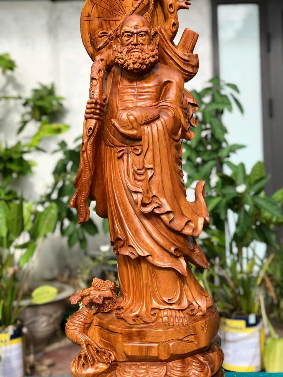 Tượng Đạt Ma Quái Hải Gỗ Bách Xanh Cao 91cm