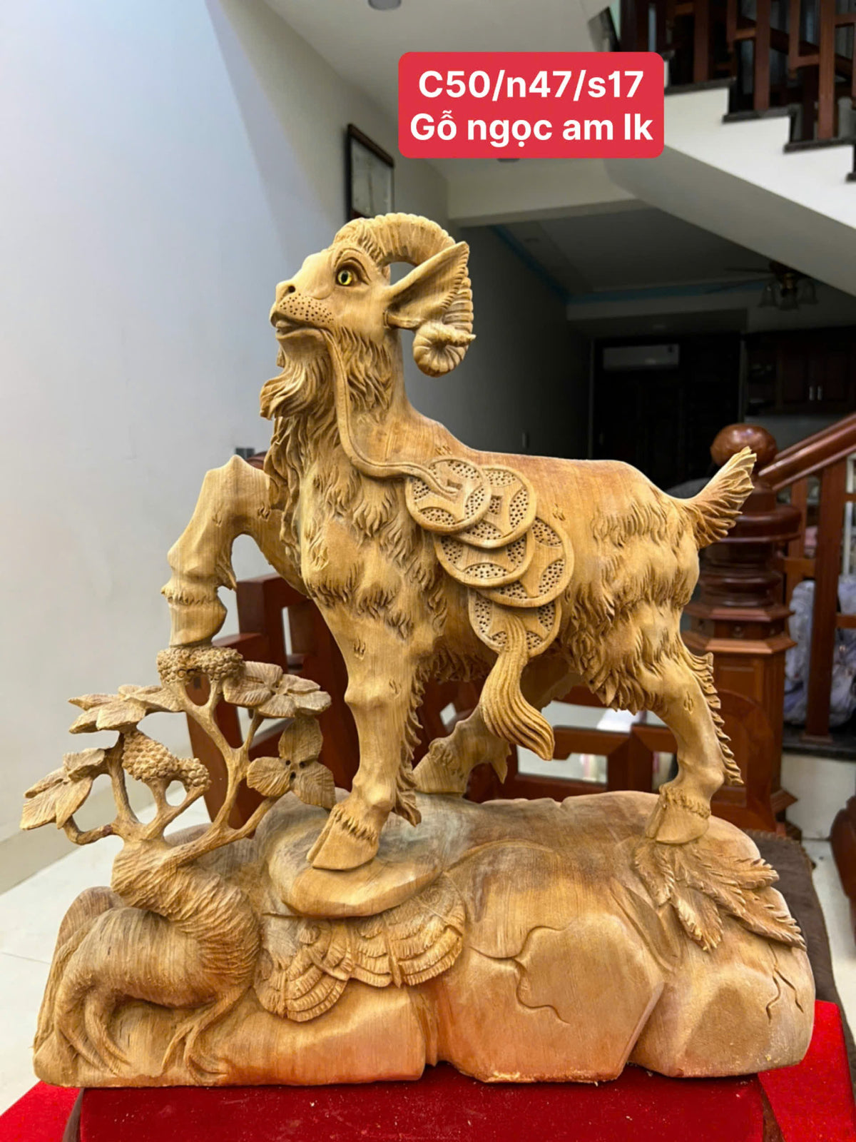 Tượng Linh Vật Dê Gỗ Ngọc Am Đỏ Nhất Dương  Cao 50cm