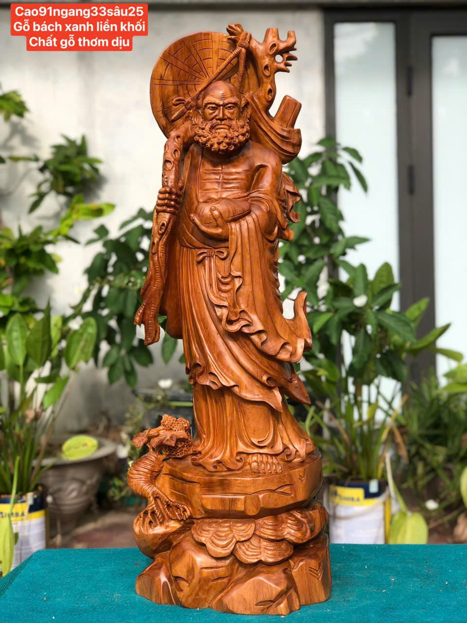 Tượng Đạt Ma Quái Hải Gỗ Bách Xanh Cao 91cm