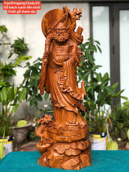Tượng Đạt Ma Quái Hải Gỗ Bách Xanh Cao 91cm