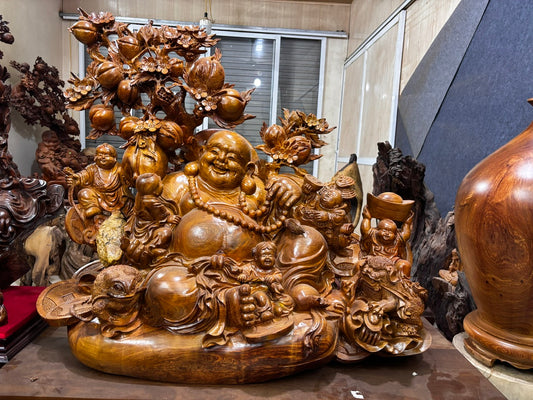 Tượng Di Lặc Ngũ Phúc Vác Cành đào Gỗ Hương Ta Cao 90