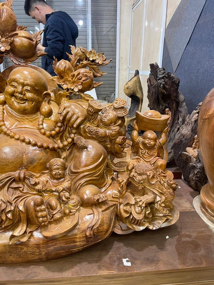 Tượng Di Lặc Ngũ Phúc Vác Cành đào Gỗ Hương Ta Cao 90