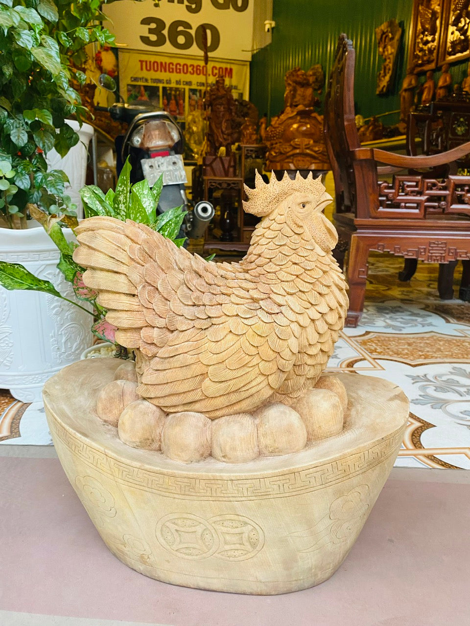 Gà Mái Ấp Trứng Vàng Kim Kê Sanh Tài Gỗ Ngọc Am Cao 48