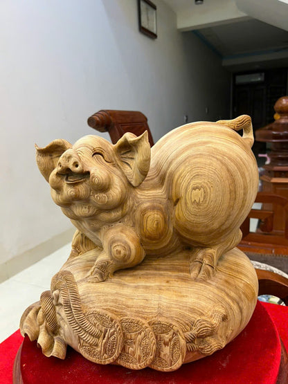 Tượng Linh Vật Heo Gỗ Ngọc Am - Mẫu To Ngang 37cm
