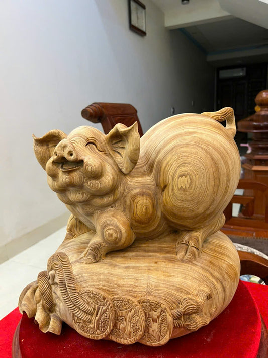 Tượng Linh Vật Heo Gỗ Ngọc Am - Mẫu To Ngang 37cm
