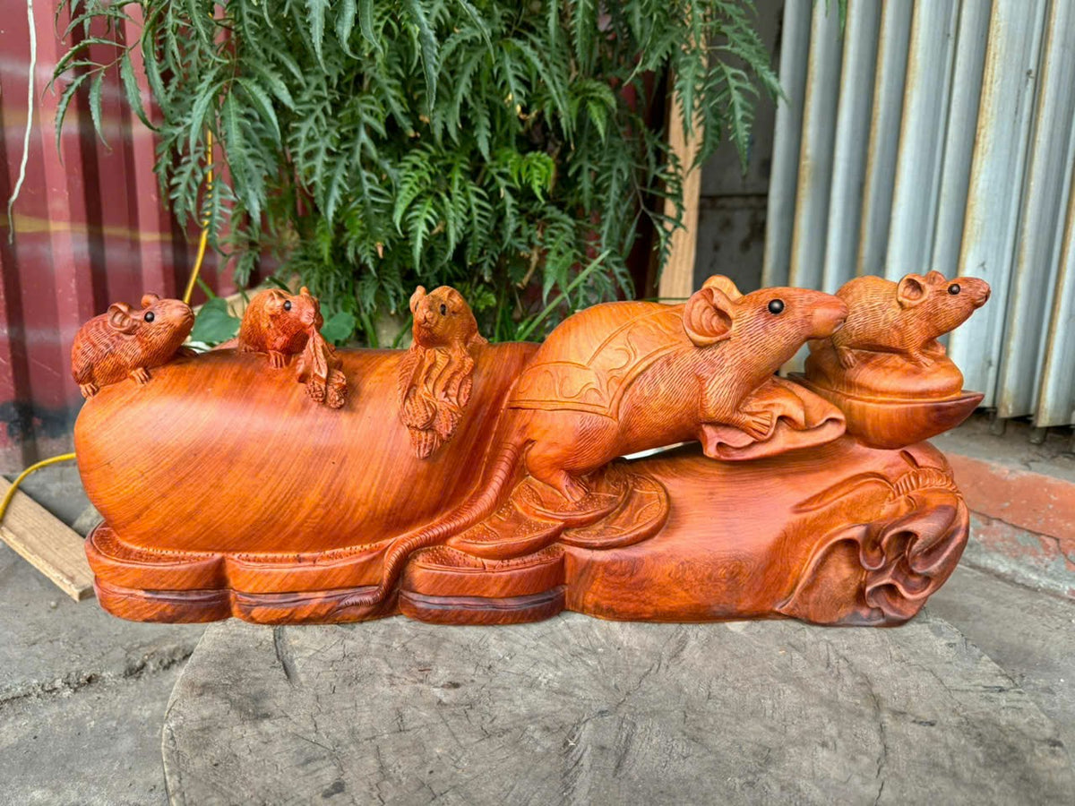 Tượng Linh Vật  Gia Đình Chuột Gỗ Hương Ta - Phong Thủy Ngang 52cm