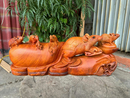 Tượng Linh Vật  Gia Đình Chuột Gỗ Hương Ta - Phong Thủy Ngang 52cm