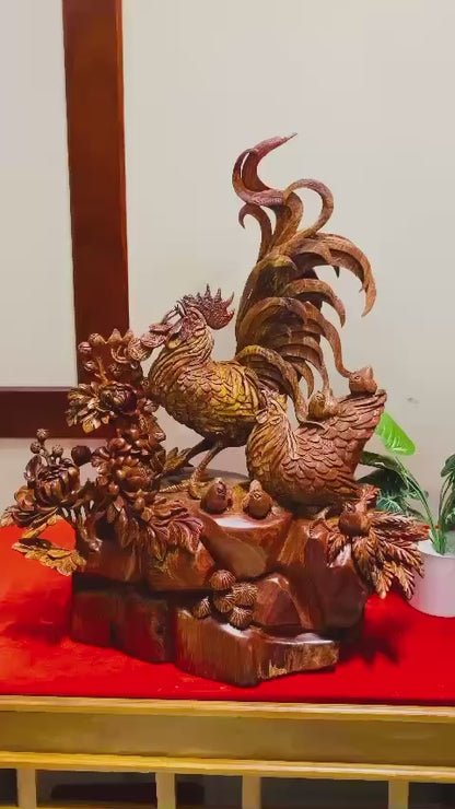 Tượng gia đình Gà Gỗ Cẩm Lai cao 78cm