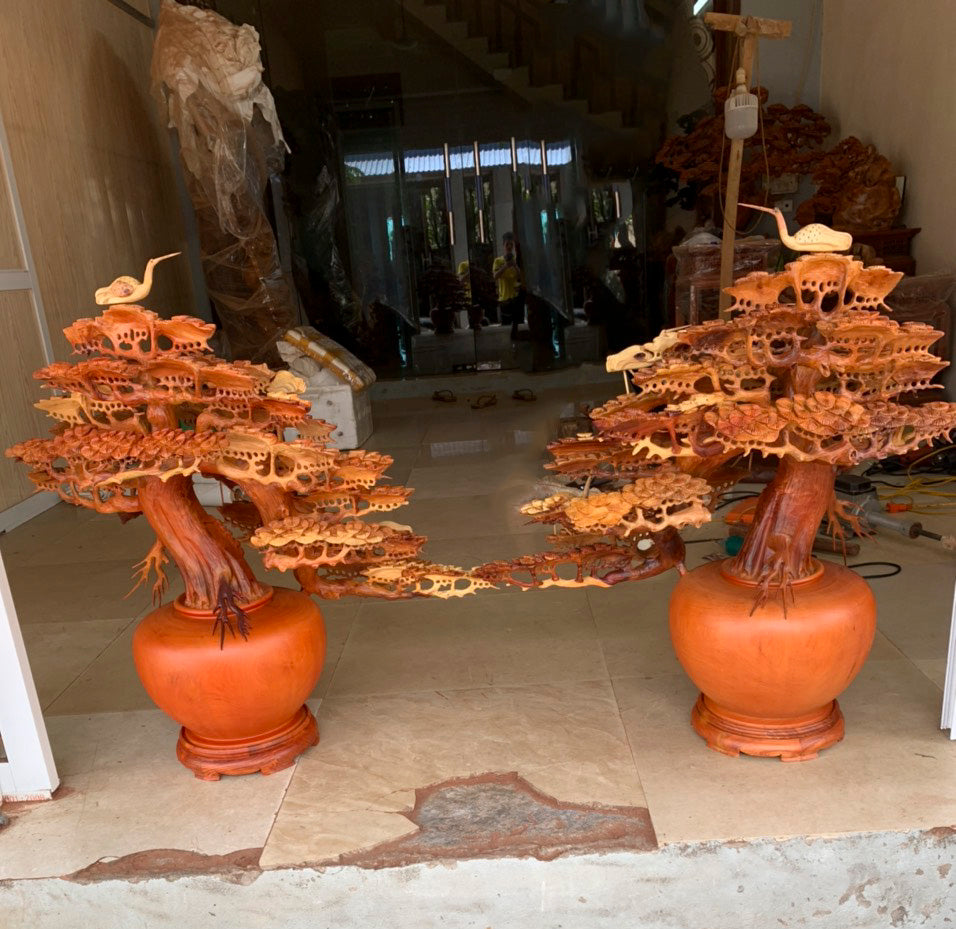 Cặp Bình Tùng Bonsai Ngũ Hạc - Gỗ Hương Ta Cao 88cm